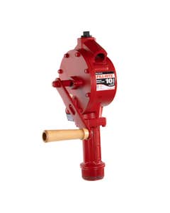 Fill-Rite FR110 manual hand-operated fuel transfer pump for diesel gasoline oils and more. Left side view.