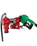 Fill-Rite FR1210HA1 12V DC 15 GPM fuel transfer pump with accessories for diesel gasoline and more. Left side view.