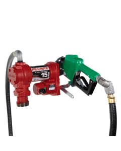 Fill-Rite FR1220HDSFQ 12V DC 15 GPM fuel transfer pump with accessories for diesel gasoline and more. Left side view.
