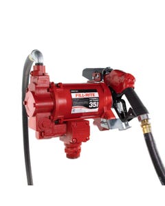 Fill-Rite FR310VB 115-230V AC 35 GPM fuel transfer pump with accessories for diesel and more. Left side view.