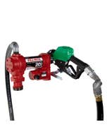 Fill-Rite FR4220HDSFQ 12V DC 20 GPM fuel transfer pump with accessories for diesel gasoline and more. Left side view.