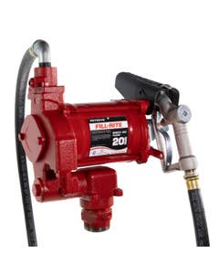 Fill-Rite FR700VG 230V AC 20 GPM fuel transfer pump with accessories for diesel gasoline and more. Left side view.